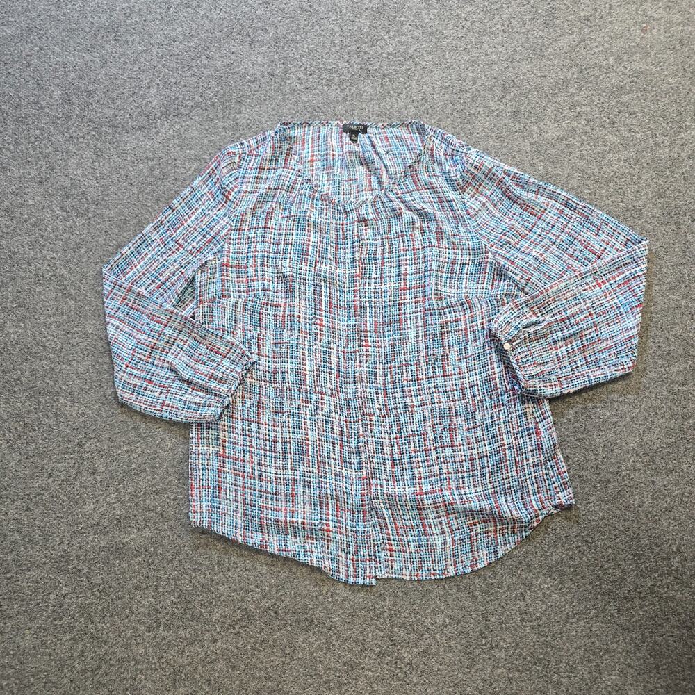 Talbots Top Women Size Large Petite Blue Red Plaid Button Up Sheer Career Casual